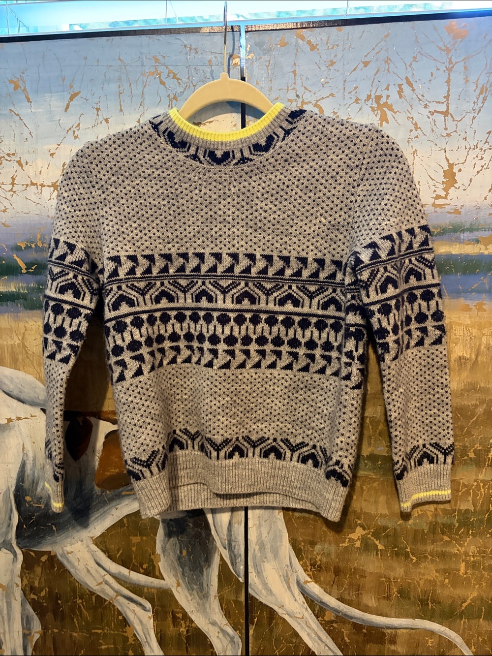 Kids Grey Fair Isle Sweater with Navy Pattern
